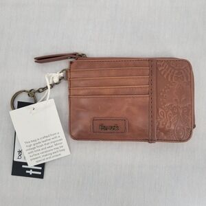 The Sak Iris Card Wallet Keychain Teak Leaf Embossed Leather Brown NWT